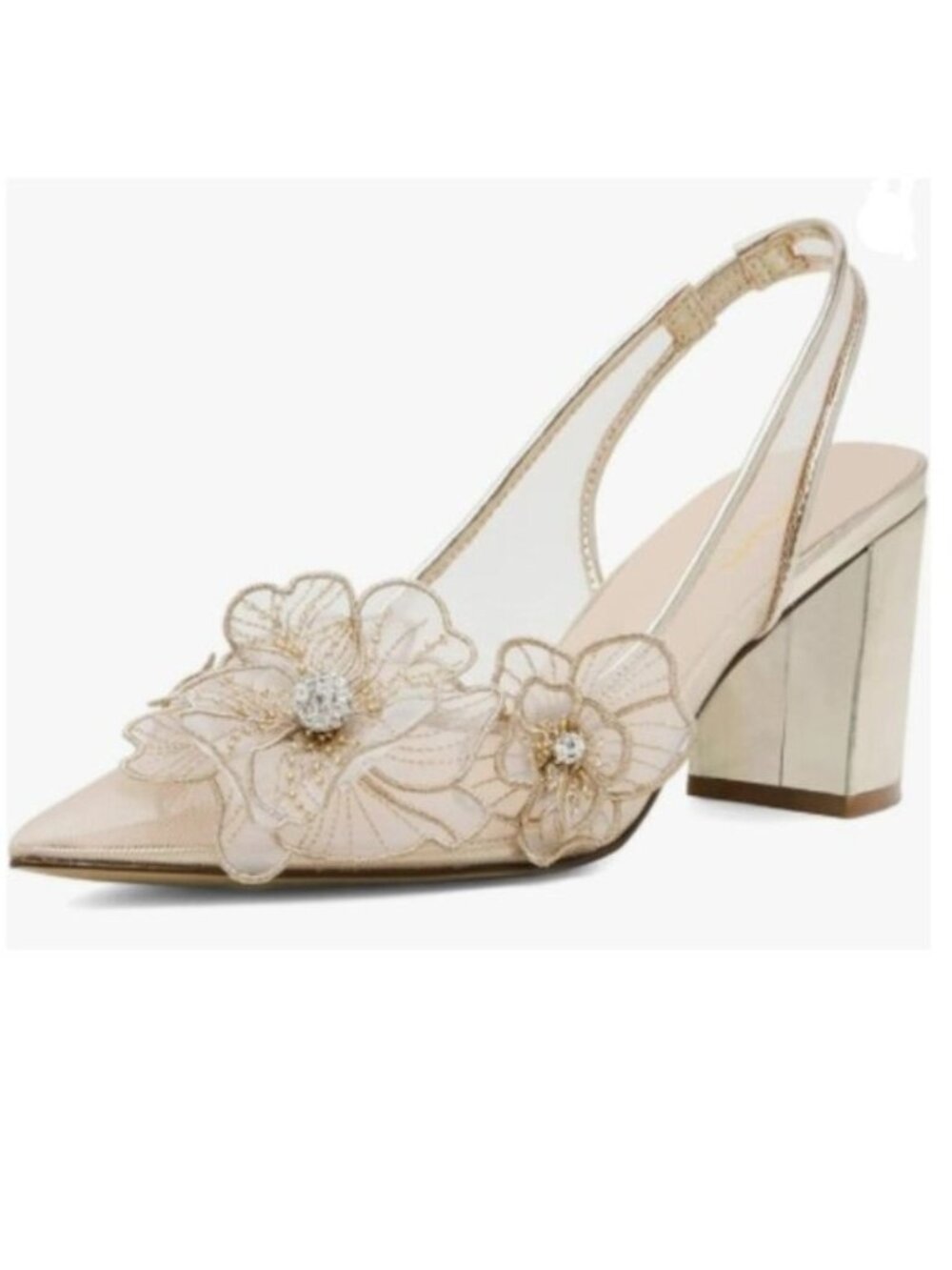 XYD Light Gold Pointed Toe Flowers Pumps Translucent Mesh Block High Heel